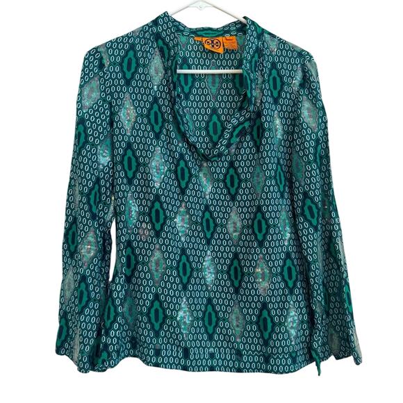 Tory Burch Tops - Tory Burch Women’s Geometric Sequin 3/4 Sleeve V Neck Tunic Sz 4 Green, Sparkle